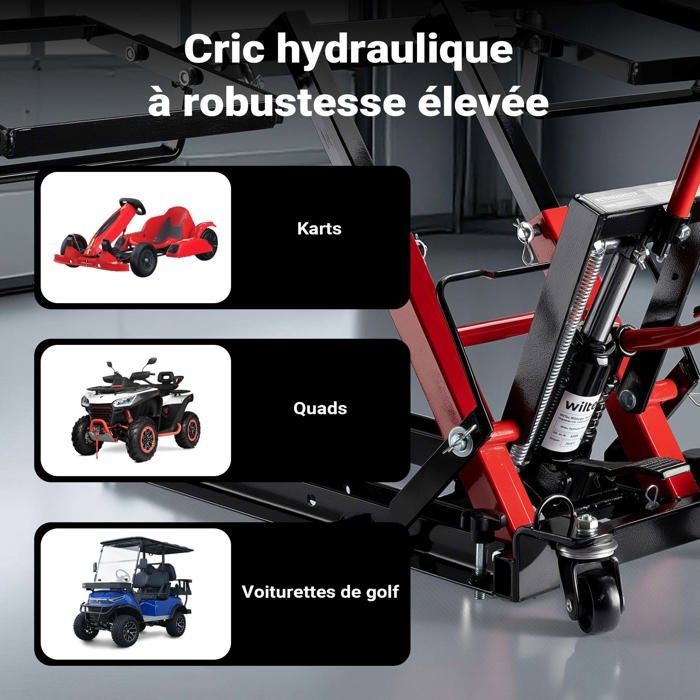Gato hidráulico Wiltec 3 en 1 – Capacidad máxima 300 kg – Altura máxima de elevación 530 mm – para motocicletas, quads y tractores cortacésped – Sup