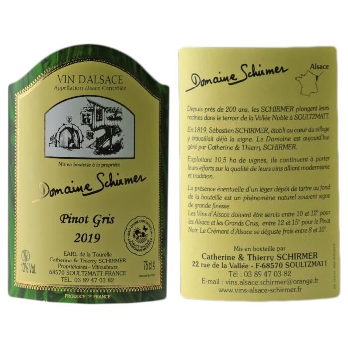 Pinot Gris Blanco de Alsacia 2019 - Caja de 12 botellas de 75 cl - Domaine Schirmer - Vino blanco AOC de Alsacia - Variedad de uva Pinot Gris