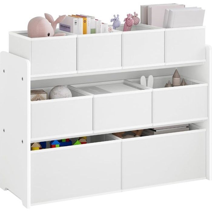 Scaffale portaoggetti per bambini, contenitore per giocattoli, 9 scatole rimovibili in tessuto non tessuto, 92x30x60/68 cm, bianco E0EG0065