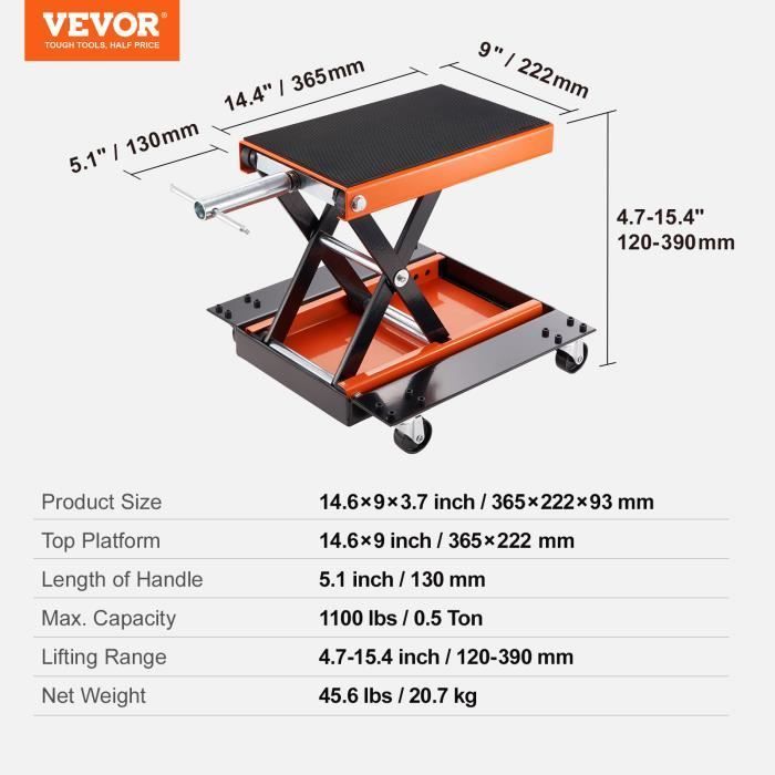 Gato elevador de tijera para motocicletas VEVOR de 500 kg con mesa elevadora ancha para quads.