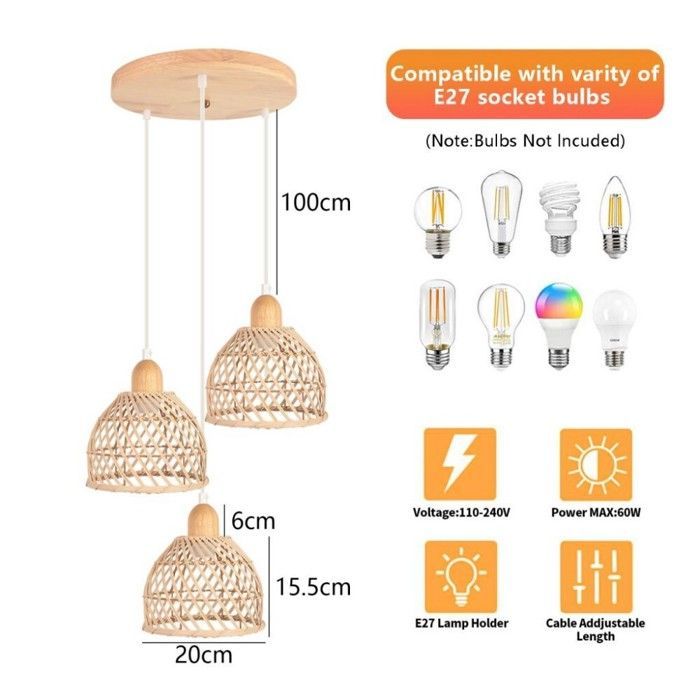 WOTTES 3 têtes Suspension Luminaire Moderne Créatif Disque Lustre en Bois et Bambou de Design à Spirale Vintage Suspension Rotin