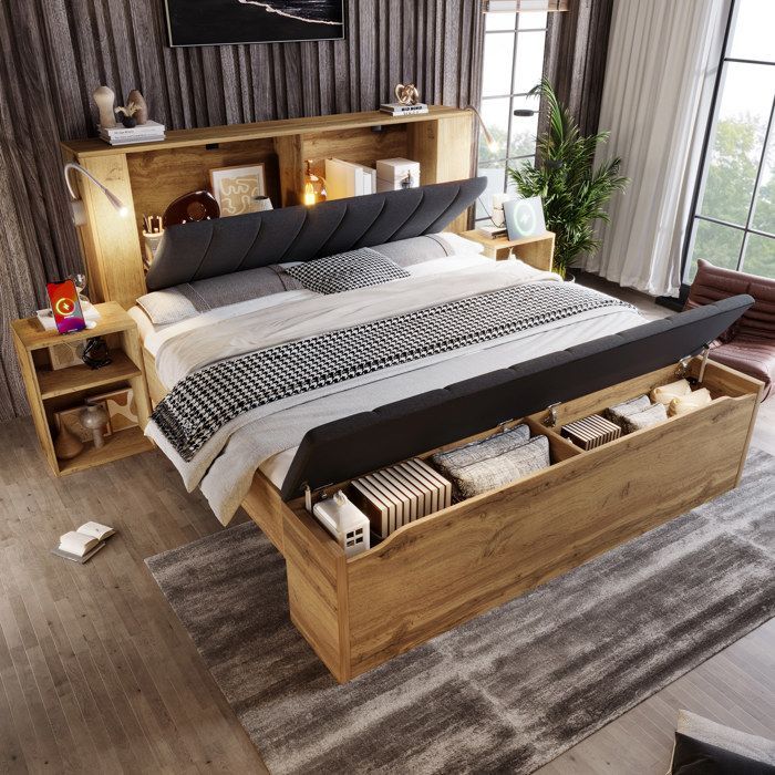 Letto matrimoniale 180x200 cm - MODERNLUXE - Lampade da lettura + porte USB + panca contenitore - 2 comodini - Naturale