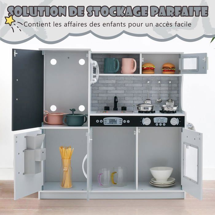 Cocina de madera infantil COSTWAY para niños de 3 a 6 años con teléfono, pizarra, microondas, máquina de hielo y 7 accesorios - Gris