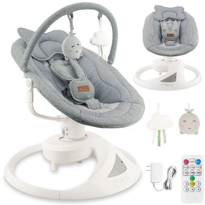 MoMi PEARL - Altalena elettrica per neonati a 360° - 5 velocità, 10 melodie, Bluetooth - Schienale regolabile - Barra giochi - Grigio