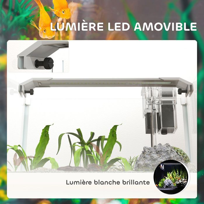 Aquarium - PawHut - avec lumières LED, pompe à filtre - en verre 20L - pour poissons rouges, poissons combattants - blanc