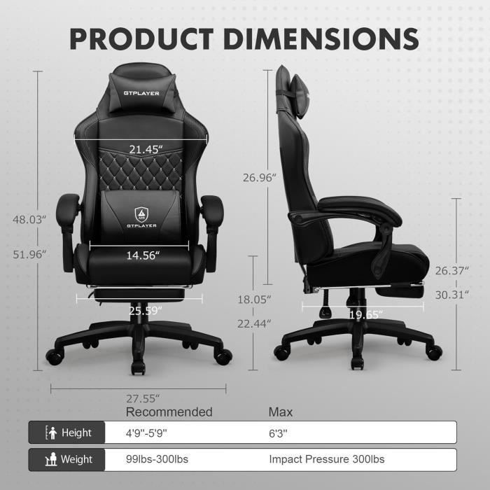 Silla gaming regulable en altura - Doble respaldo - Soporte lumbar - Negra