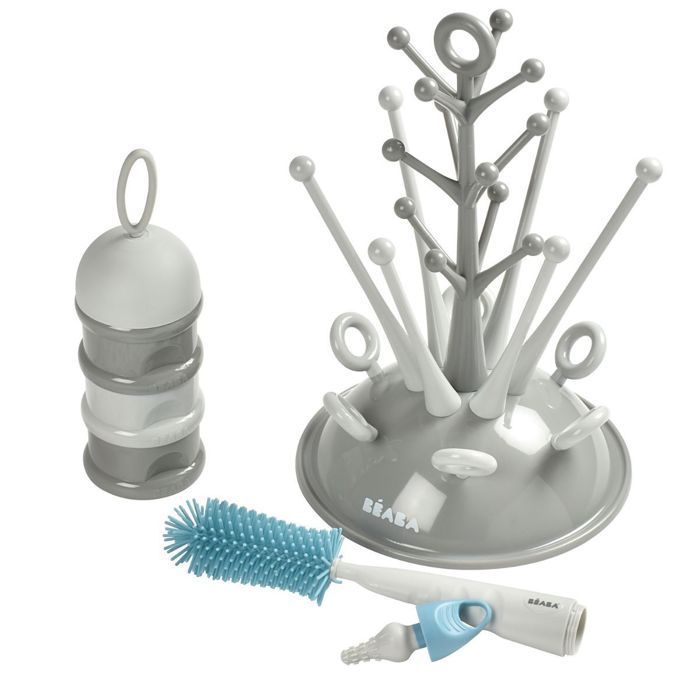 BEABA, Set regalo per neonati: scolabiberon Grey Tree + misurino spray nebulizzatore chiaro/scuro + spazzolino in silicone per biberon + bavaglino in cotone tropicale