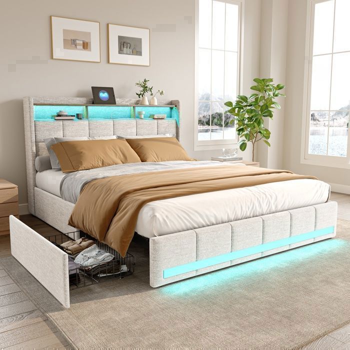 Cama de 140 x 200 cm con somier de láminas, cama de 140 cm, cama de 140 x 200 cm, estructura de cama, cama doble de 140 x 200 cm, iluminación LED, almacenamiento, puerto USB, 4 cajones, tapizada, lino, beige