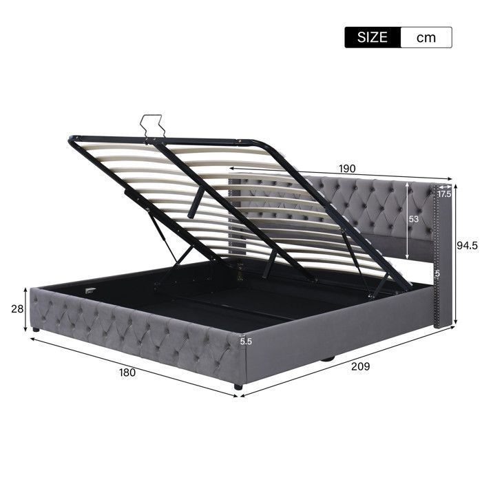 Letto contenitore - TKOPY - Letto matrimoniale per adulti 180x200 cm, letto imbottito con rete a doghe e vano contenitore, velluto grigio