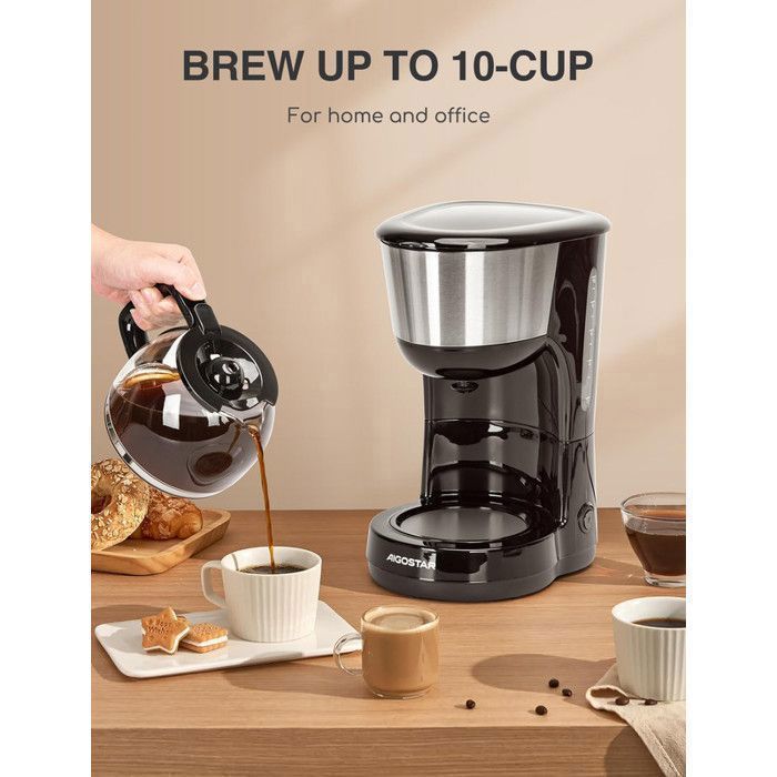 Caffettiera a filtro Aigostar, 1000 W, capacità 1,25 l, senza BPA, con filtro permanente lavabile e funzione di mantenimento in caldo.