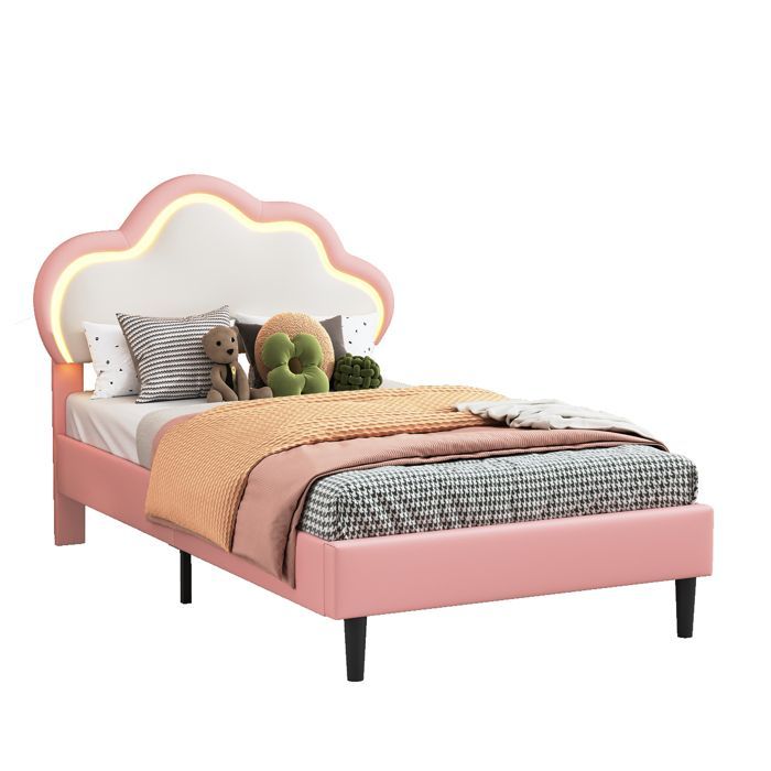 Cama individual de 90x200 cm, cabecero con forma de nube, iluminación LED, cama infantil, color rosa.