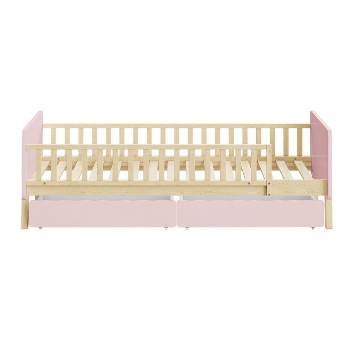 Letto per bambini 90x190 in legno massello con rete a doghe e 2 cassetti – Rosa
