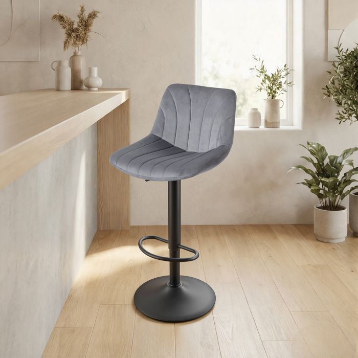 Tabourets de Bar Réglables, Tabourets avec Dossier, Rotation 360°, Velours, pour Cuisine, Salle à Manger, Lot de 2, Gris