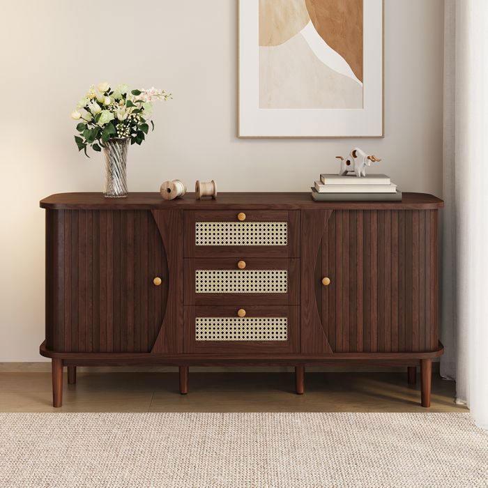 Aparador de nogal de 140 cm, cómoda de ratán con 3 cajones, 2 puertas y estantes ajustables - para salón y comedor
