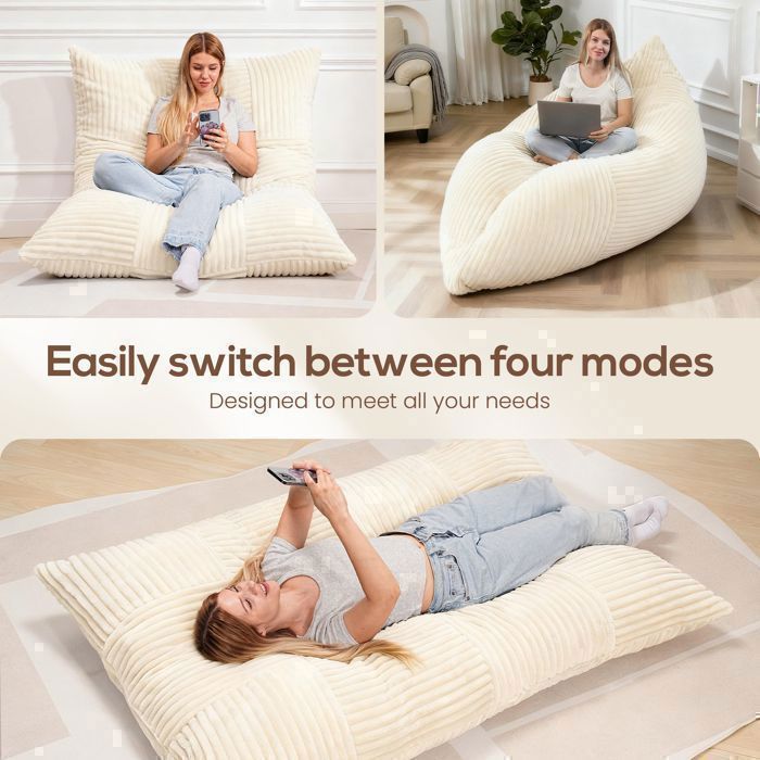 Puff gigante bege 3 em 1 conversível – veludo cotelê, 1 lugar, sofá-cama e cadeira de chão confortável, capa lavável à máquina