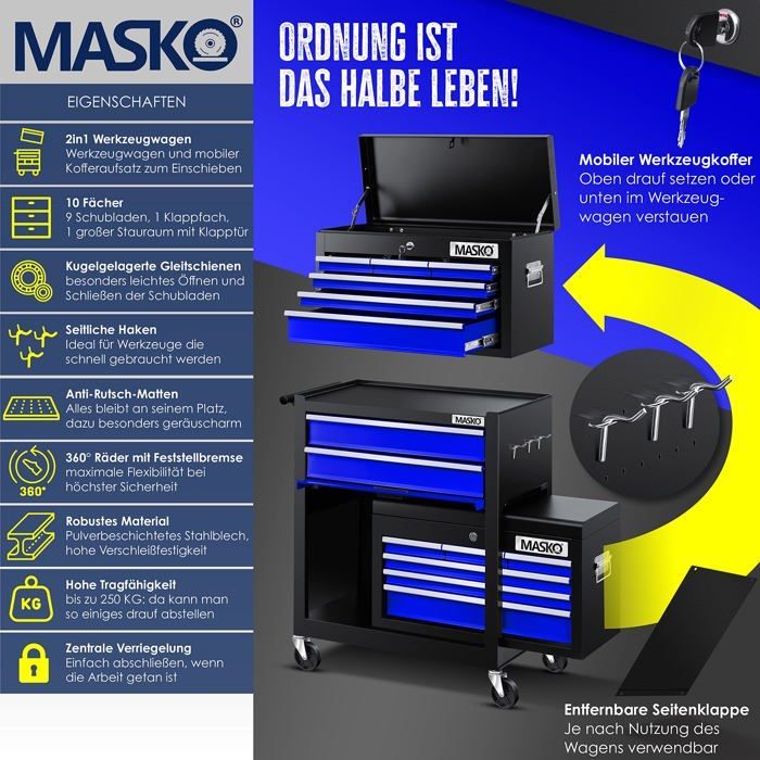 Carrinho de Oficina MASKO® | Carrinho para Ferramentas com 9 Gavetas Traváveis e Fechadura, Azul