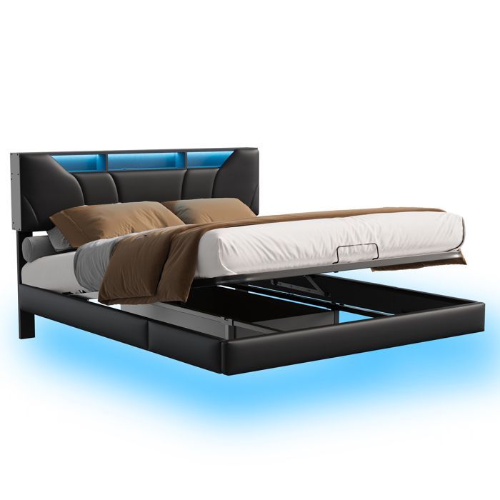 140x190 cm Bed - COZY - PU-stof - LED en USB - lattenbodem - tweepersoonsbedframe 140x190 cm - zwart