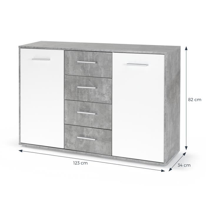 Aparador bajo PILVI - 2 puertas y 4 cajones - Blanco y hormigón claro - Ancho 122,6 x Profundidad 34,2 x Alto 81,1 cm