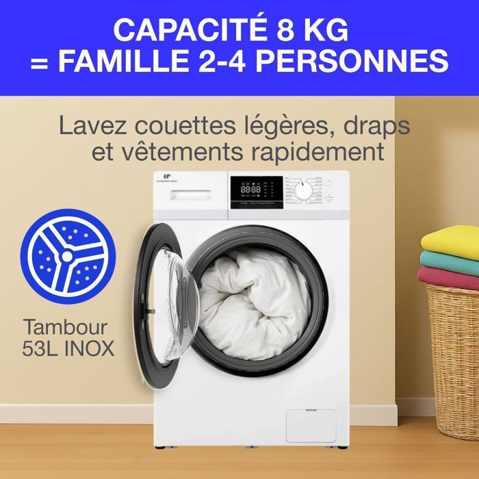 Lavatrice a carica frontale - CONTINENTAL EDISON - CELL8140IW1 - 8 kg - Motore a induzione - 60 cm - 1400 giri/min - Bianca