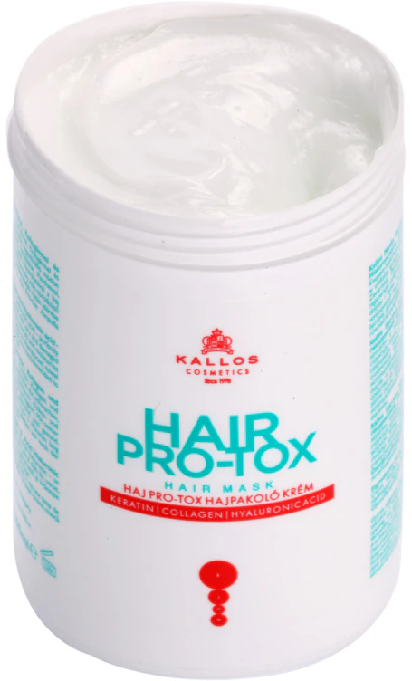 Máscara Kallos Hair Pro-Tox para cabelos fracos e danificados com óleo de coco, ácido hialurônico e colágeno.