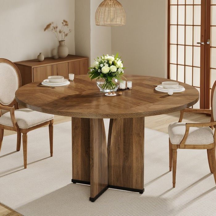 Round dining table 100 x 75cm, Square kitchen table for 4 to 6 people, wooden top and legs (Brown)