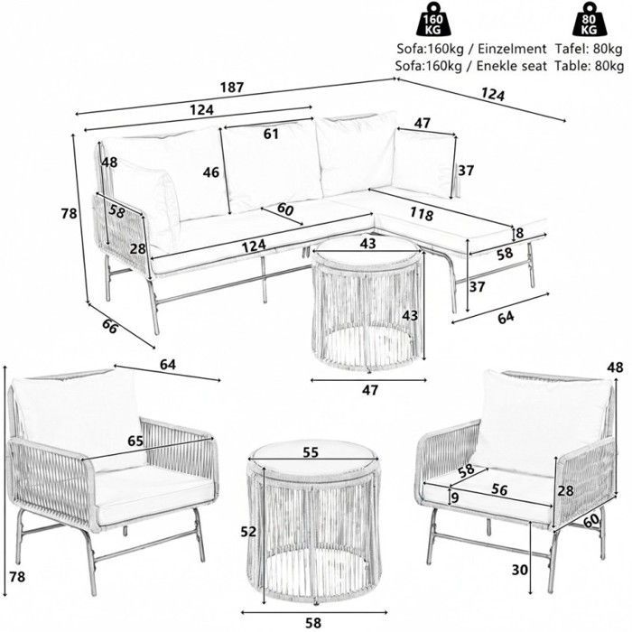Conjunto de muebles de jardín para exteriores - LANGTU - 6 piezas - Cuerda trenzada beige - Estructura de hierro resistente a la corrosión - Cojines extraíbles de 8 cm