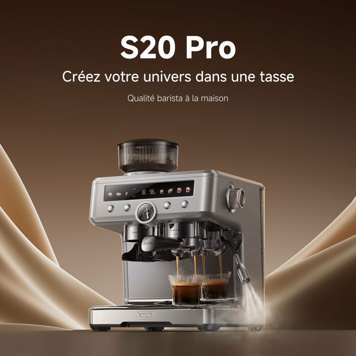 MOVA S20 Pro – Machine Espresso avec Broyeur Intégré, Pression 20 Bars, Double Chaudière & Mousseur à Lait, Argent
