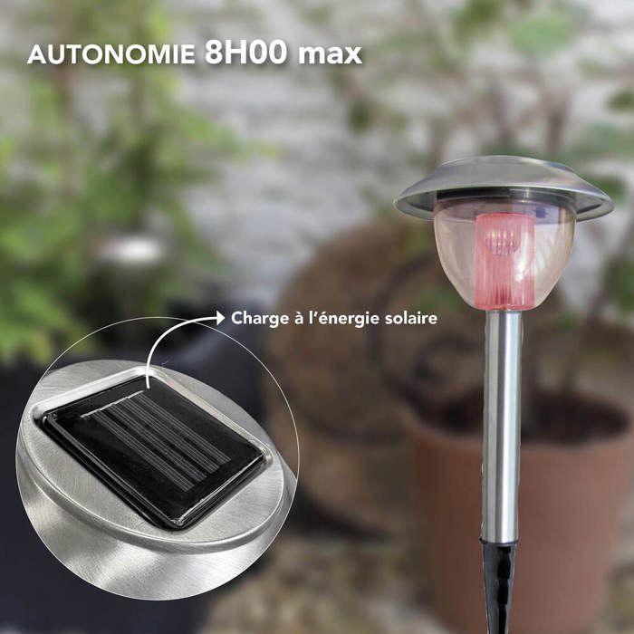 Juego de 4 bolardos solares LED cromados que cambian de color, con montaje sobre estaca, 325 mm de altura - Tibelec