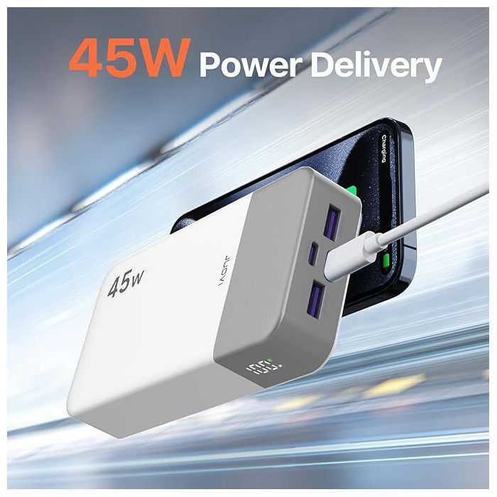 Batterie Externe 20000mAh 45W JUOVI, Power Bank 4 Ports USB-C PD & USB-A, Recharge Rapide, Écran LED, Compatible Voyage, Blanc