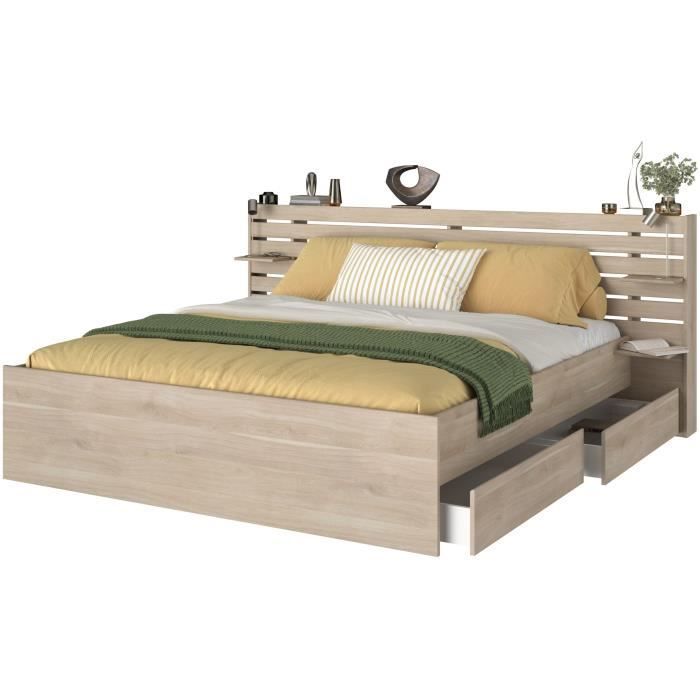 ESCALE Volwassenenbed 180x200 cm - Japanse eikenhouten afwerking - 2 lades + hoofdbord - B235,4 x H98,2 x D216,8 cm - Gemaakt in Frankrijk