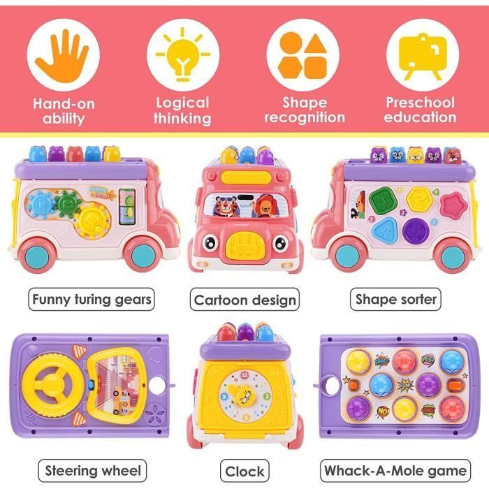 Camión de juguete musical 8 en 1, juego de golpear al topo, juguete clasificador de formas para arrastrar, juguetes de actividades para niños y niñas de 1 a 3 años.
