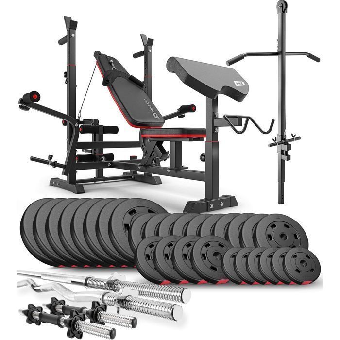 Juego de mancuernas Hop-Sport de 165 kg, banco de pesas HS-1075 y polea alta, juego de discos de pesas de 31 mm y barras para mancuernas.