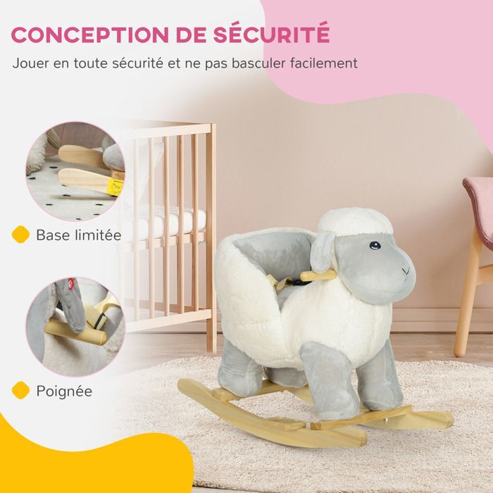 Children's rocking horse, plush rocking toy, lamb-shaped, with sound effects, 68L x 35W x 55H cm, grey