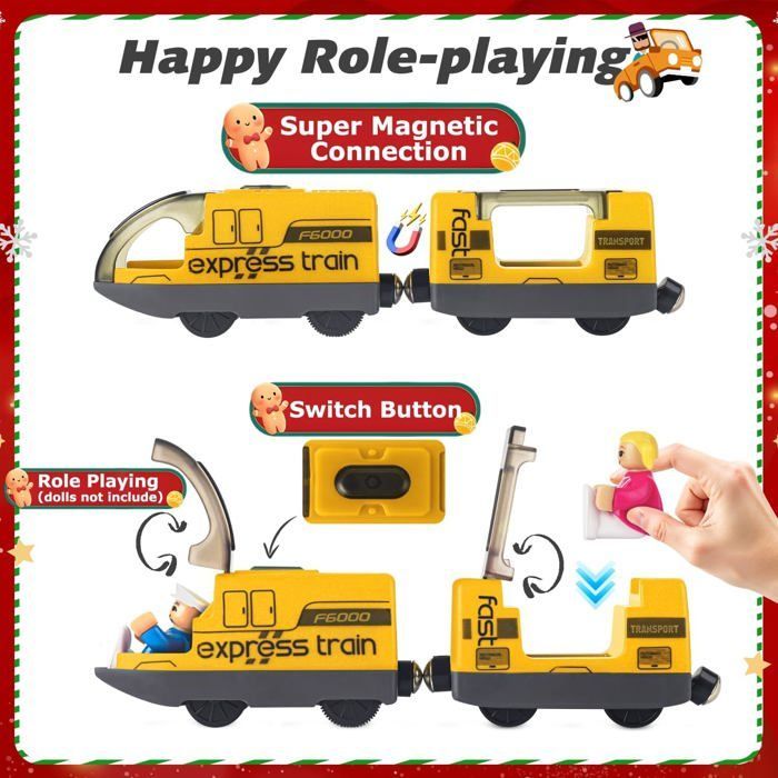 Remote Controlled Electric Train for Wooden Tracks, Motorized Train with 4 Sound and Light Effects for Children Ages 3, 4, 5+