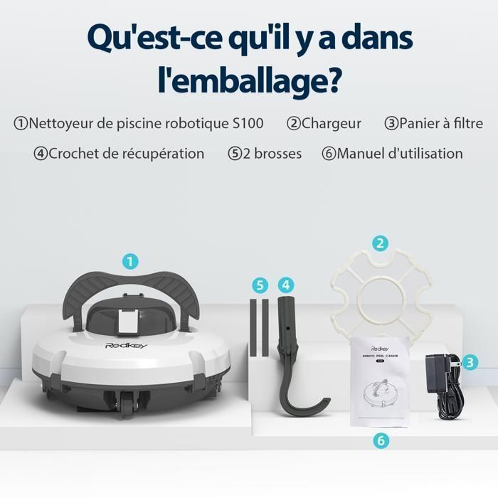 Robot pulitore per piscina senza fili, Redkey S100, autonomia della batteria 130 minuti, pulizia profonda 3 m, 100 m², parcheggio automatico