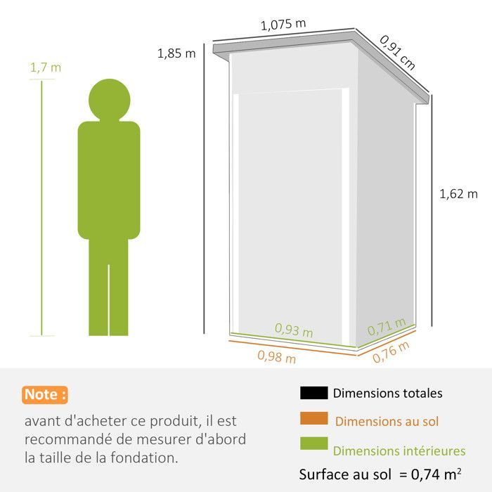 Caseta de jardín Outsunny - techo inclinado - puerta con cerradura y rejillas de ventilación - acero galvanizado - 107,5 x 91 x 185 cm - gris oscuro