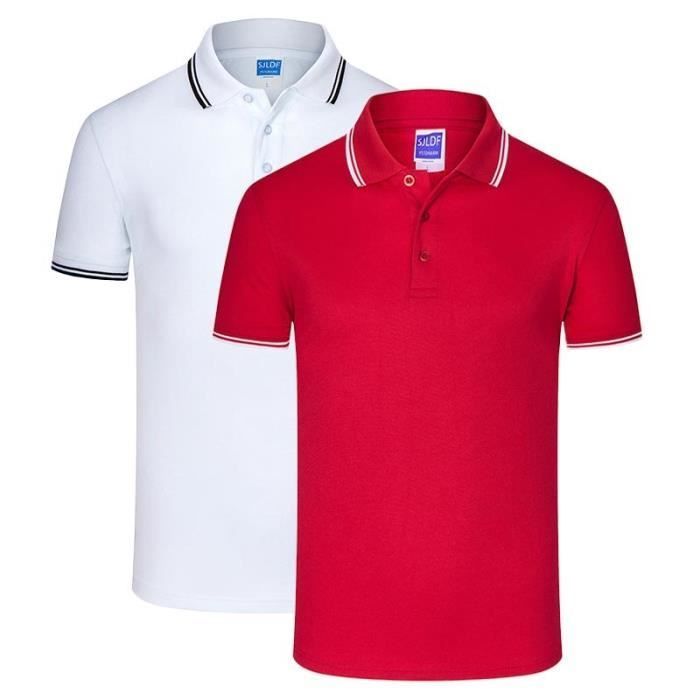 Conjunto de 2 polos para hombre, manga corta, color liso, polo de verano, cuello vuelto, tejido cómodo - Blanco/Rojo