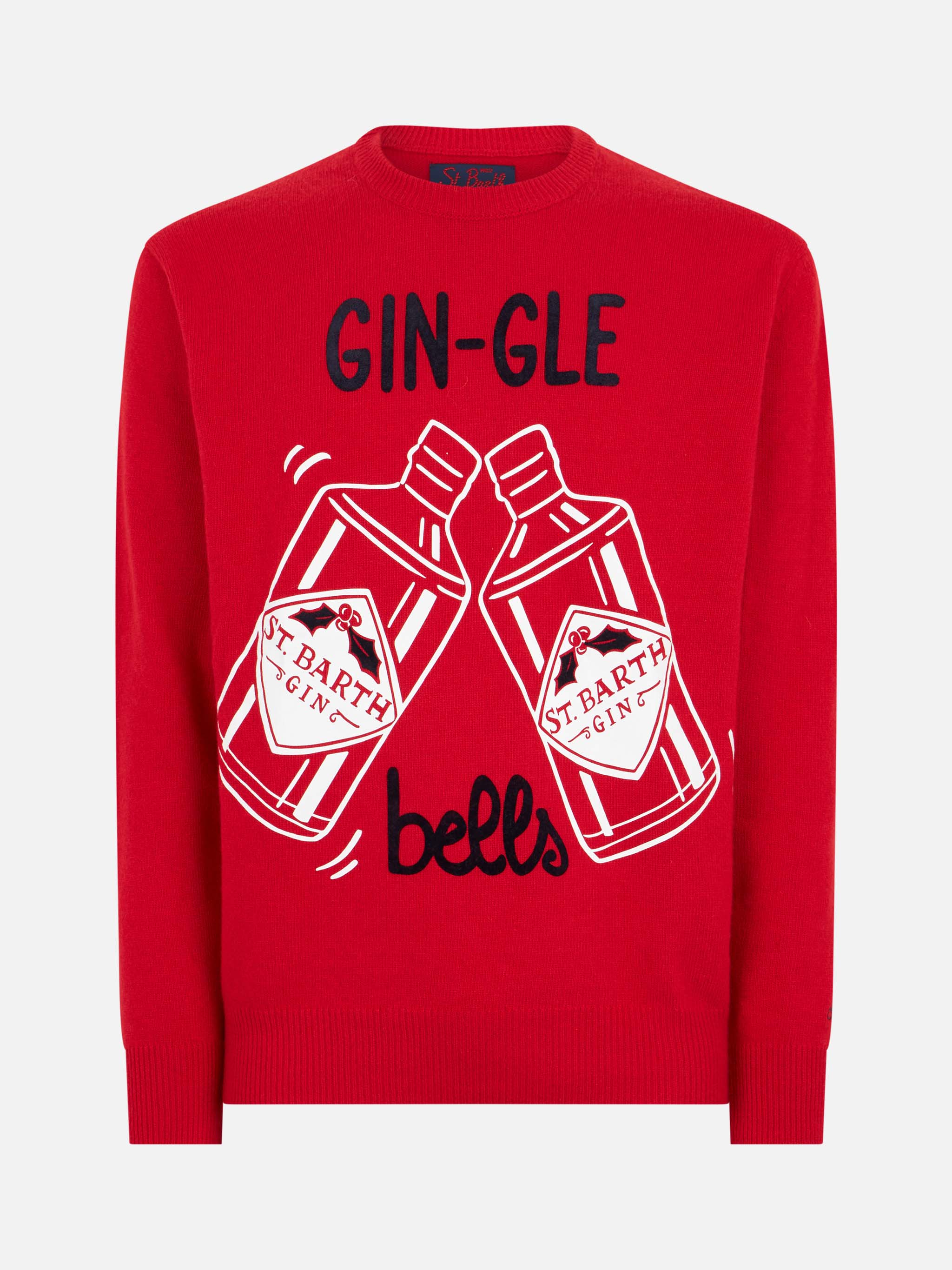 Rode herentrui met Gin-Gle Bells-print.