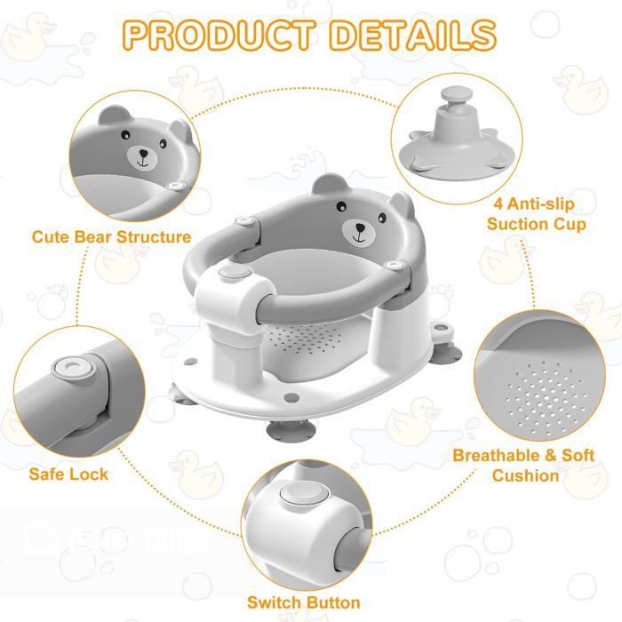 Siège bain bébé ≥6 mois, 4 ventouses + coussin, antidérapant, gris, douche/bain. Label
