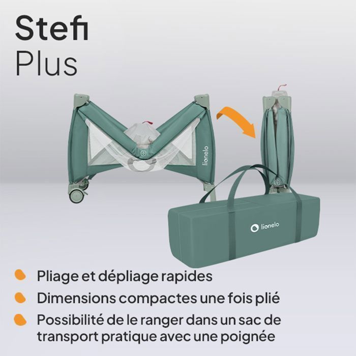 Cuna de viaje compacta 2 en 1 LIONELO Stefi Plus - Parque infantil - Colchón de espuma T25 - 0-36 meses - Plegado rápido - 2 ruedas - Verde