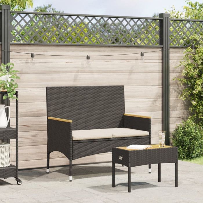 Panchina da giardino - 2 posti - Resina intrecciata - Cuscini inclusi - Tavolino nero