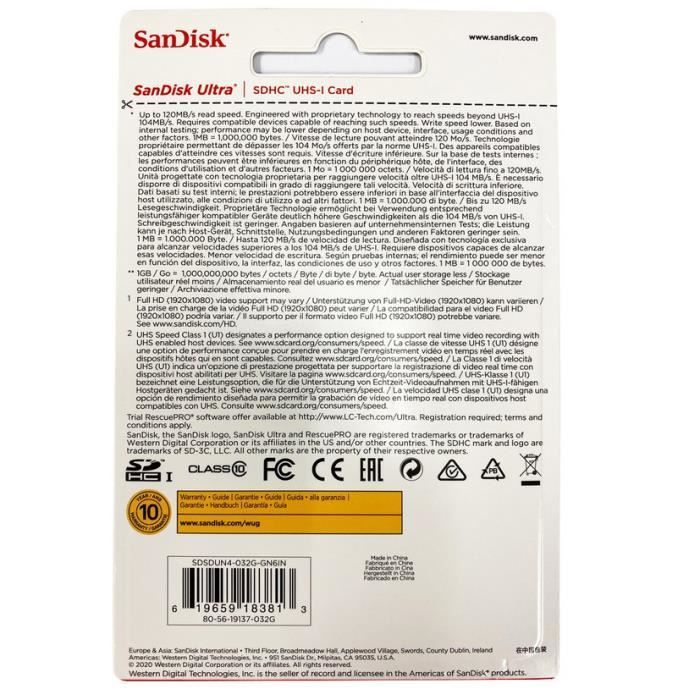 Carte mémoire SD Sandisk SDHC ULTRA 32GO 120Mo/s