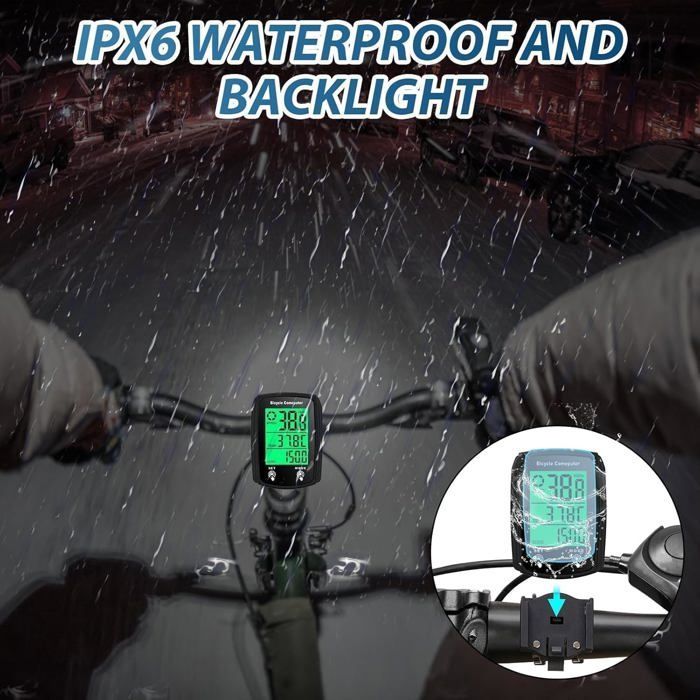 Compteur Velo sans Fil avec 20 Fonctions Étanche, IPX6 Étanche Compteur Kilométrique Vélo avec Écran LCD Rétroéclairé, Facile à