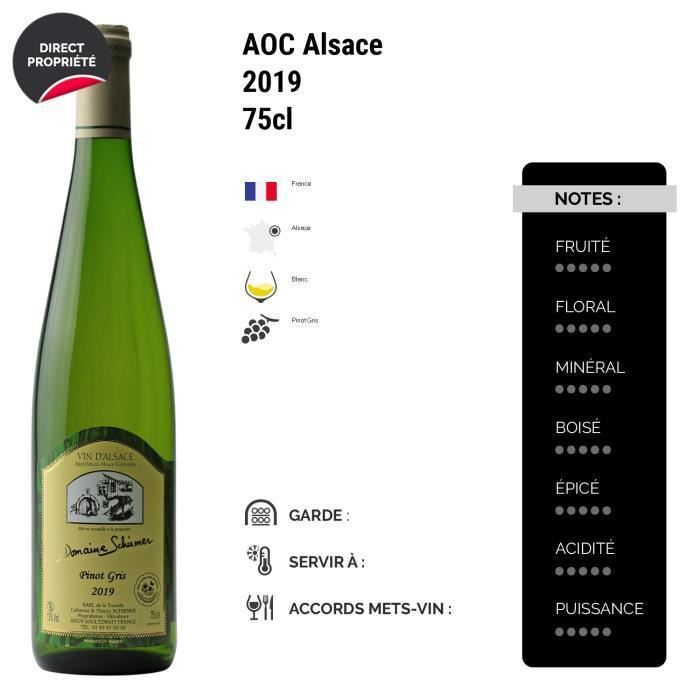 Pinot Gris Blanco de Alsacia 2019 - Caja de 12 botellas de 75 cl - Domaine Schirmer - Vino blanco AOC de Alsacia - Variedad de uva Pinot Gris