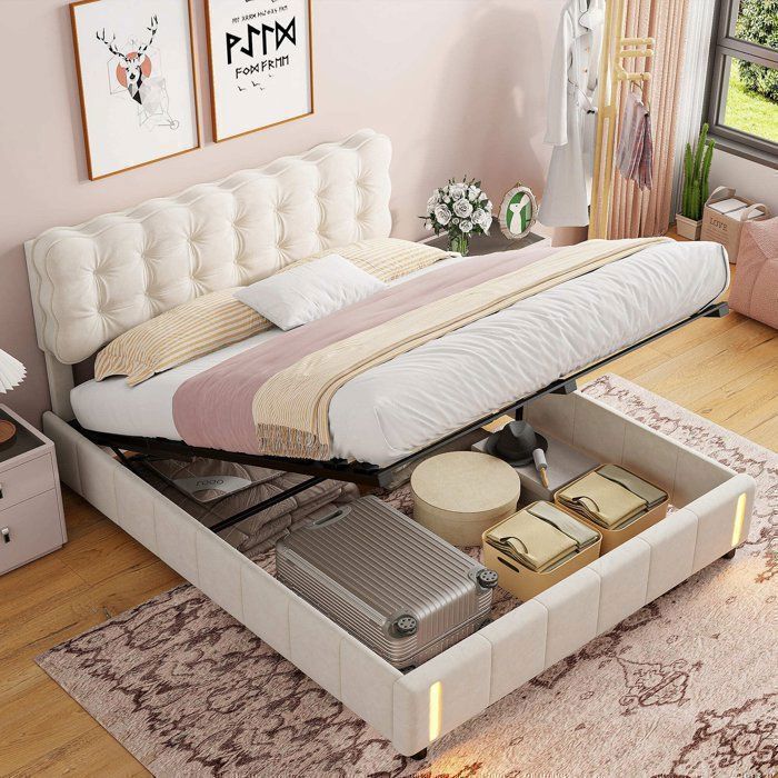 Chambre complete adulte,sommier 160x200,lit deux place,Lit coffre 160x200,lit led 160 x 200,Lampe inductive pied-Velours-Beige