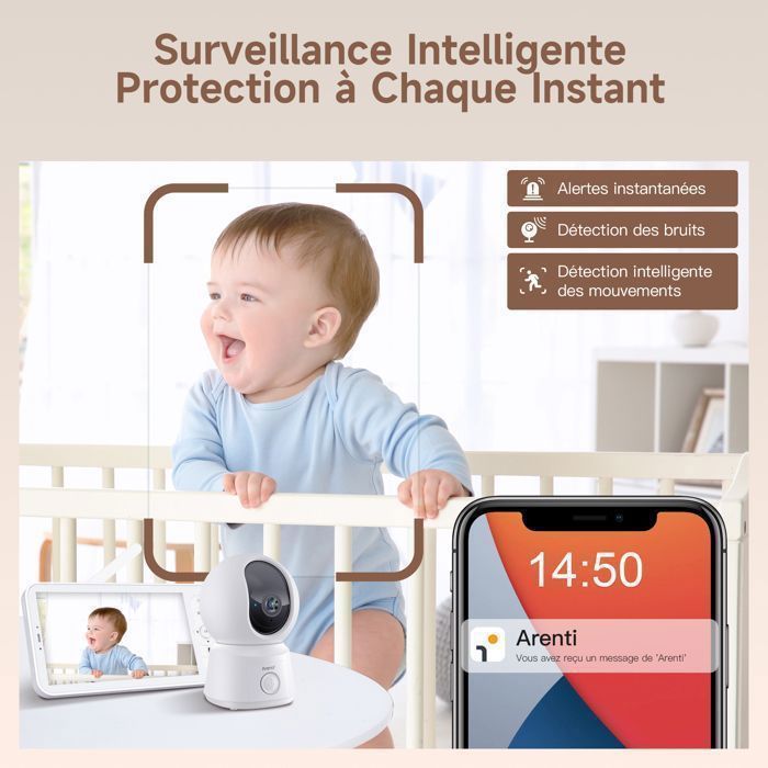Monitor para bebés ARENTI con 2 cámaras, videoportero para bebés con conexión a smartphone, monitor de vídeo para bebés 1080P con VOX.