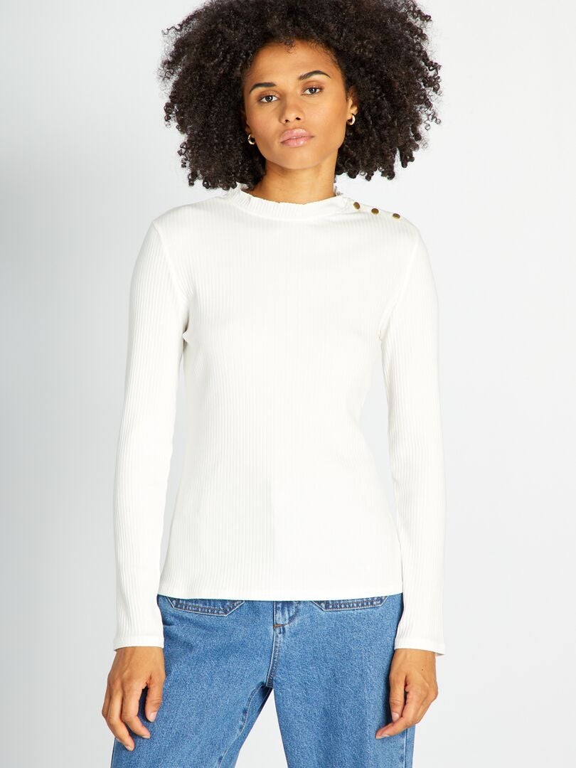 Geribbeld gebreid T-shirt met lange mouwen - WIT
