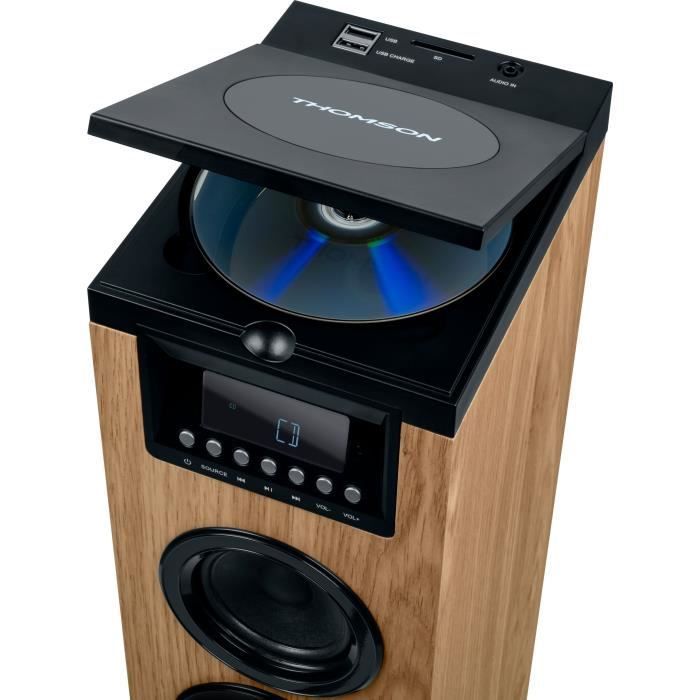 Altavoz de torre THOMSON - Negro/Madera - Bluetooth/CD/USB/SD, 60W, Radio FM, Control remoto, Fuente de alimentación de 230V