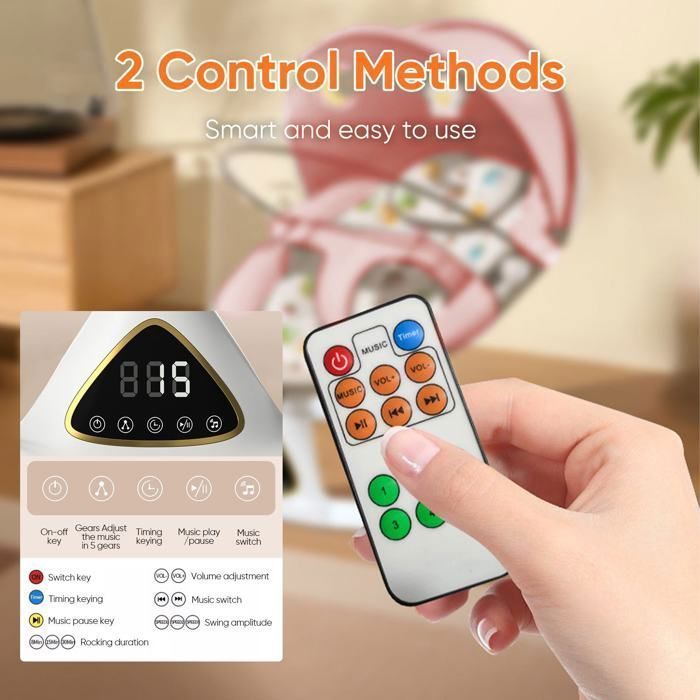 Elektrische babywipper met afstandsbediening en Bluetooth, babyschommel met 5 schommelsnelheden, boog met speelgoed en dienblad