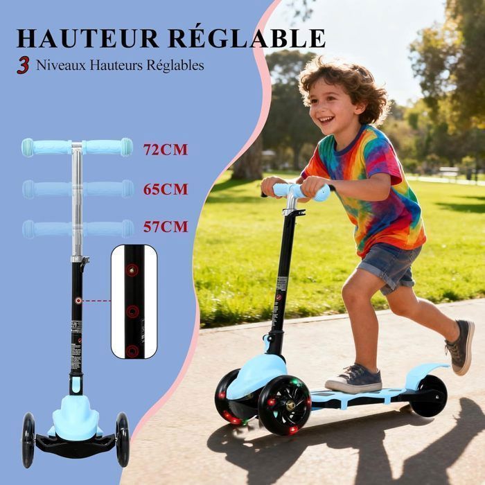 Monopattino pieghevole con 3 ruote illuminate a LED per bambini dai 2 ai 5 anni, manubrio regolabile in altezza su 3 posizioni, colore blu.